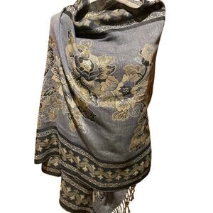 Floral scarf Large wrap scarf Charcoal Tan Neutrals Capsule Wardrobe Cejon